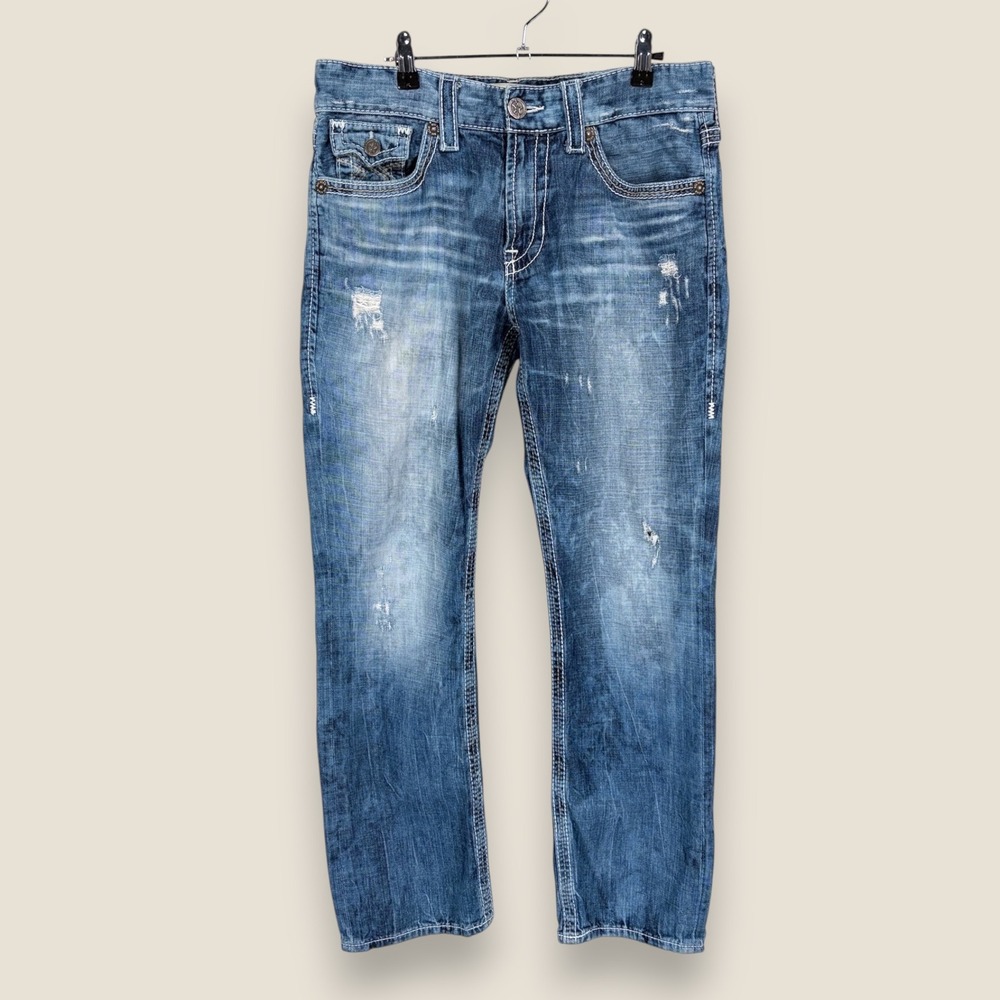 Big Star Pioneer Straight Leg Jeans Blue Wash Distressed Buckle Man 32S (34x28)